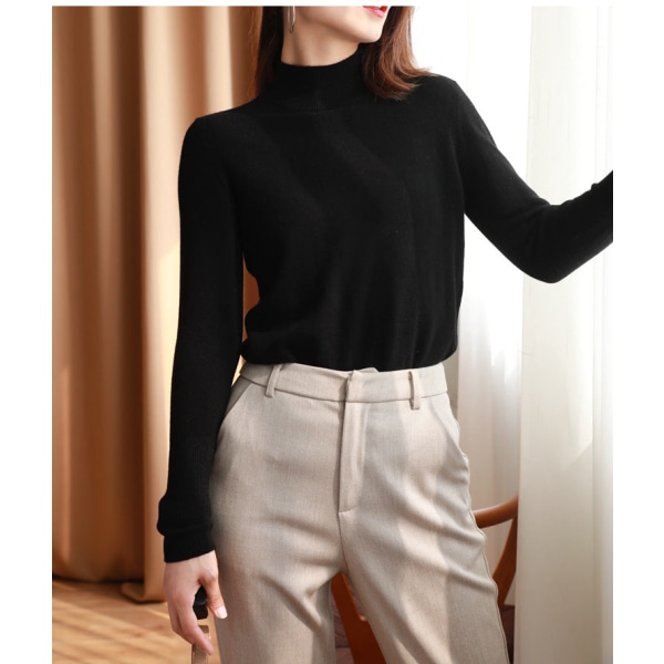 Women Knitwear Autumn Winter Sweater Half Turtleneck Wool Base Outdoor All-Matching Inner Wear Black M