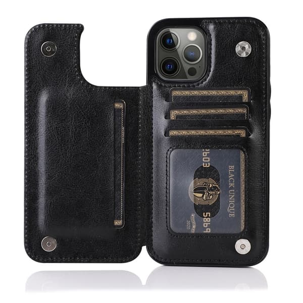 Fodral för iPhone 13 Pro svart solid dubbelspänne läderplånbok kortplats