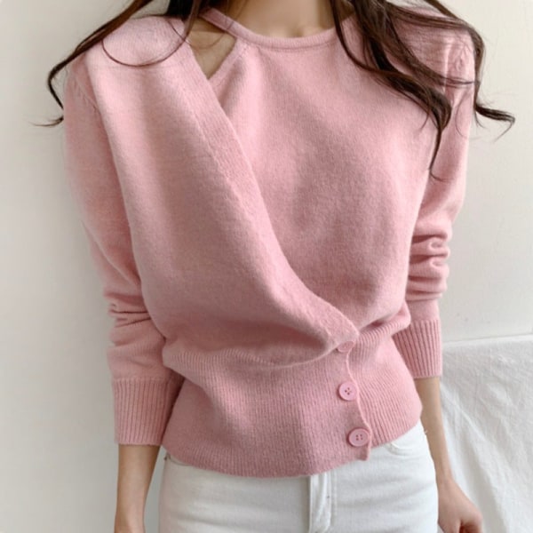 Kvinder strik efterår vinter sweater blid niche off-the-skulder talje trim kort top Pink 51*96*52cm