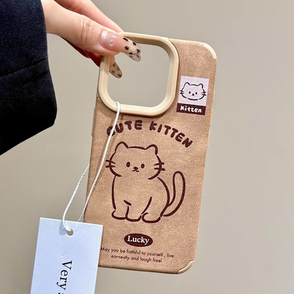 Kotelo iPhone 13 Pro:lle, Line Kitten Single Shell, syksy ja talvi, ruskea nahka, sarjakuva, 3D-snautseri