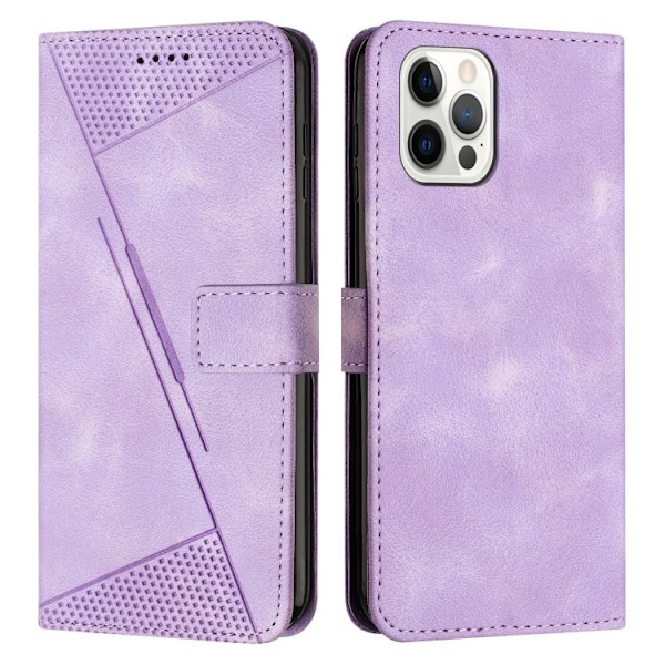 Kotelo iPhone 15:lle, vaalean violetti fantasiakolmio, ihon tuntuinen, kohokuvioitu korttipaikallinen lompakko