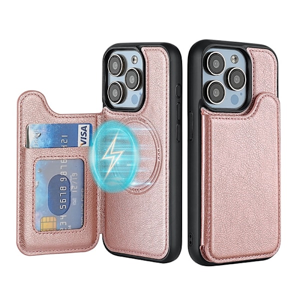 Fodral för iPhone 13 Pro roséguld läder magnetisk korthållare plånbok