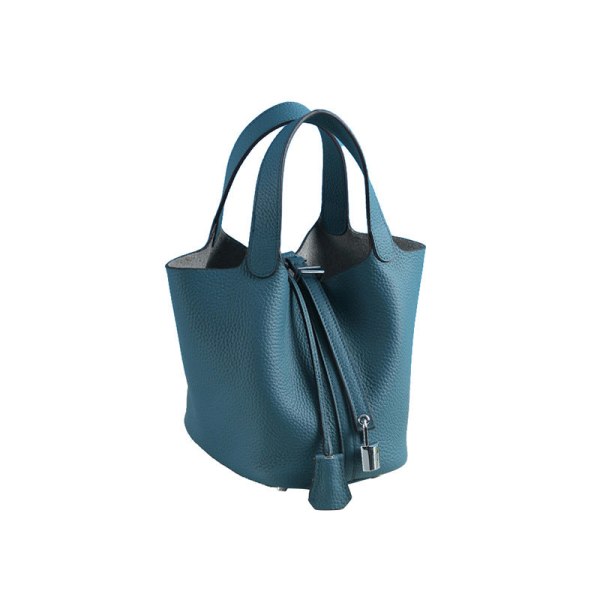 Kvinder Læder Håndtaske Vegetabilsk Basket Bag Tote Bag Håndtaske Kohud Bucket Bag Ins Peacock Blue