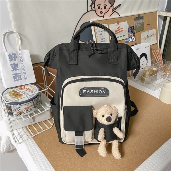 Skoleelev ryggsekk College Bookbag Reiseveske Doll Large Capacity Fresh Campus Black