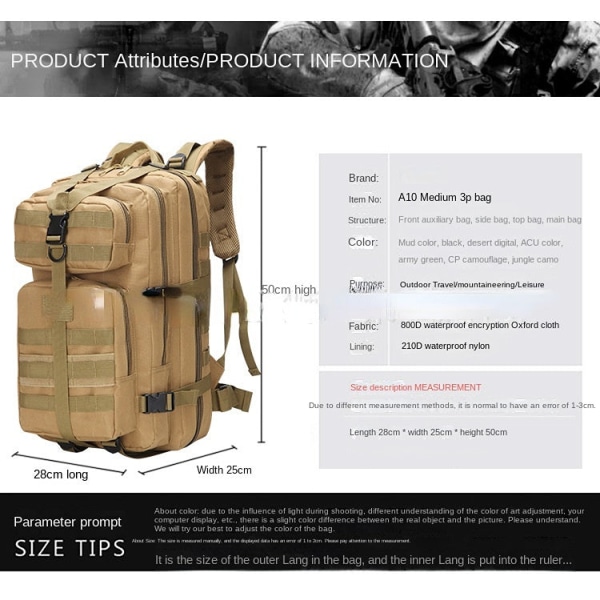 Dame jente ryggsekk skulderveske skolesekk 3P Attack Tactical Outdoor Vanntett Camouflage Bag 35L Sand number 28*25*50cm