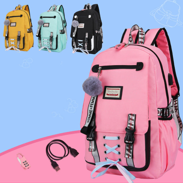 Skoleelev ryggsekk College Bookbag Reiseveske Uformell USB-lading Slitebestandig . Pink