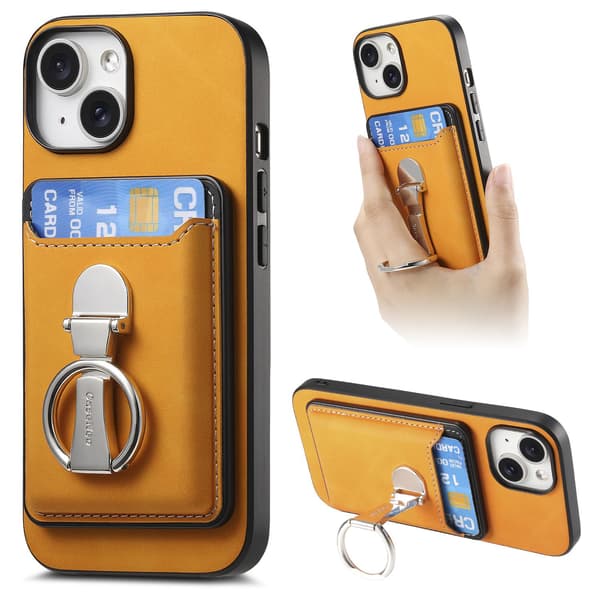 Etui til iPhone 15 Pro oransje hudfølelse magnetisk kortholder hover ring