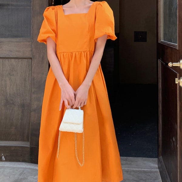 Ranskalainen mekko Naisten kesäinen selkänojaton vyötäröllä leikattu temperamentti pitkä mekko Orange 3XL