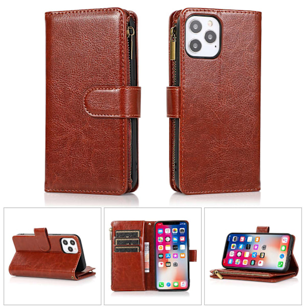 Etui til iPhone 13 mini 5.4 Brun lær multifunksjonell lommebok ni kort