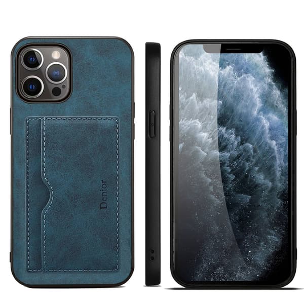 Fodral för iPhone 13 Pro blått fullt kortfack anti-fall läder