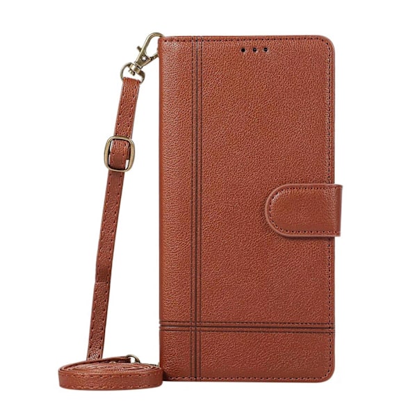 iPhone 15 Pro ruskea crossbody-kotelo, jossa on useita korttipaikkoja, muotilompakko ja monitoimikorttipidike