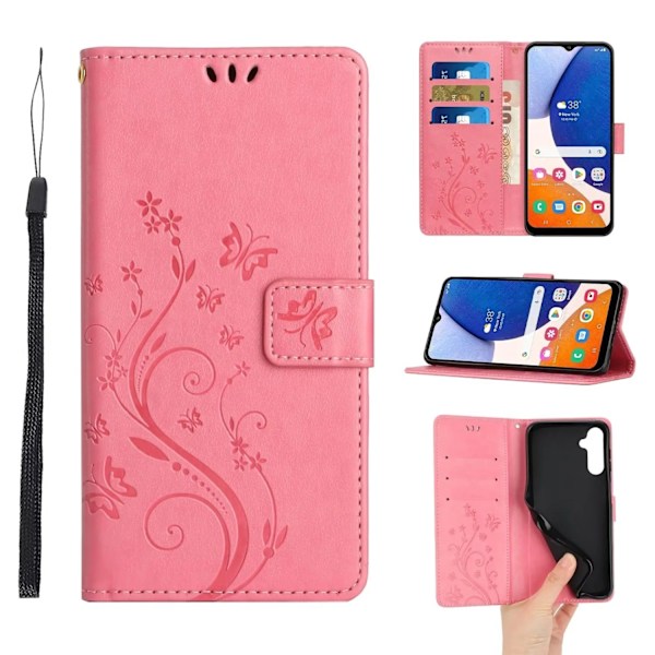Fodral för iPhone 13 rosa liten fjäril präglat flip kortplats anti fall läder