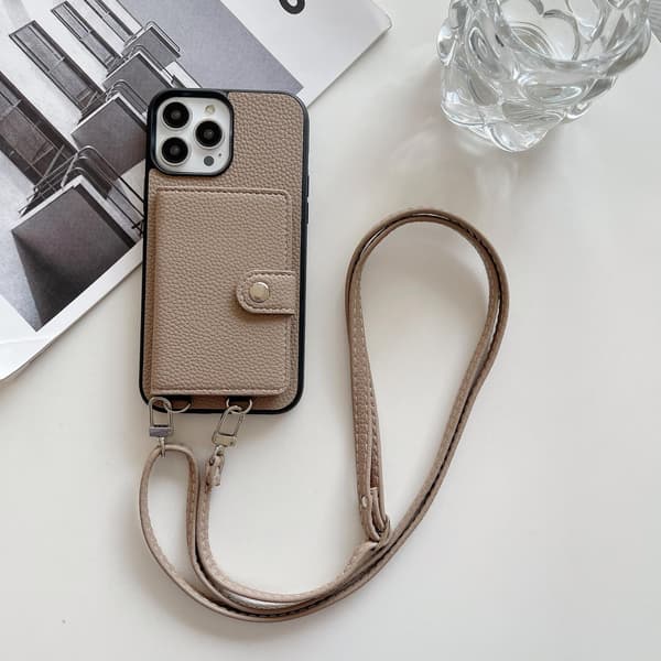 Fodral för iPhone 14pro khaki rem snodd crossbody solid korthållare vikbart japanskt läder