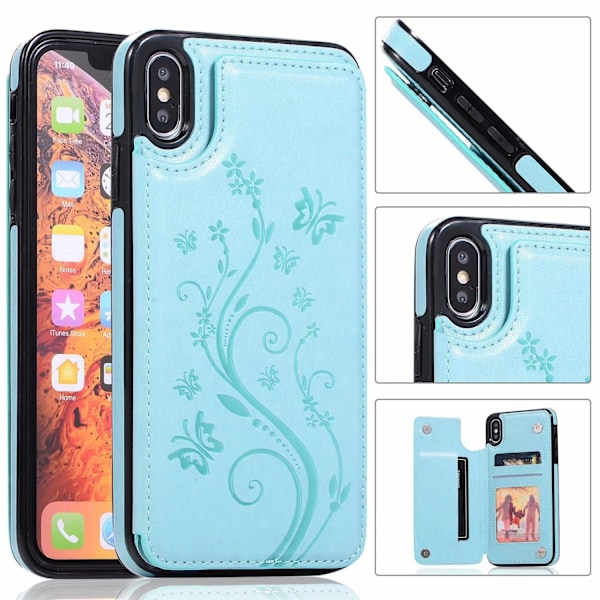 Fodral för iPhone 14 Pro grön präglad fjäril dubbelspänne korthållare läder