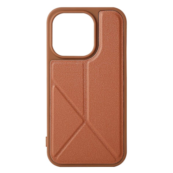 iPhone 15 Plus -kotelo, ruskea jalustallinen nahkainen ulkopinta työpöydälle