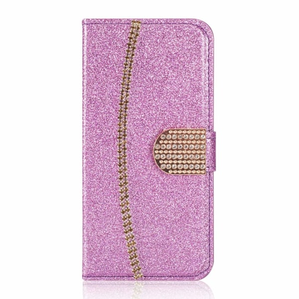 Etui til iPhone 14 Pro Max lilla glitter kortslot læder guldkæde diamant pung