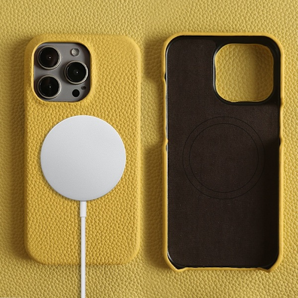 Fodral för iPhone 14 Pro Max gult läder magnetiskt högkvalitativt kohud