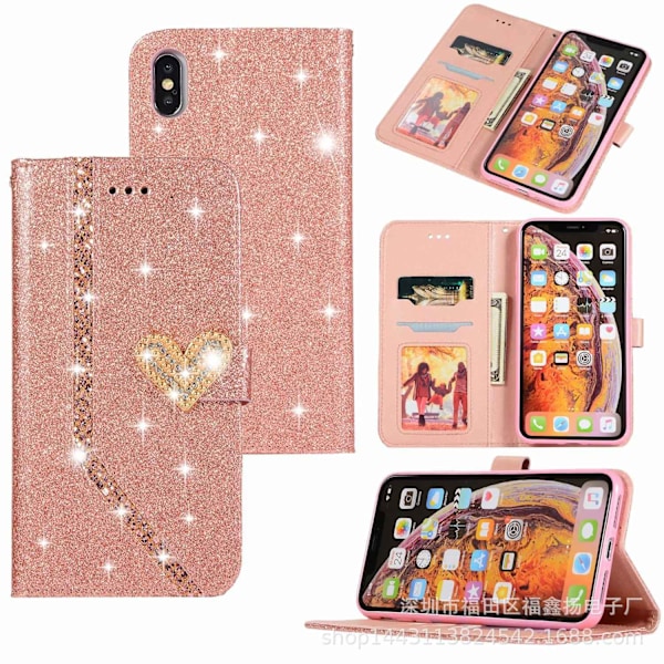 iPhone 13 -kotelo ruusukultainen sydän glitter timantti korttipaikka lompakko nahka