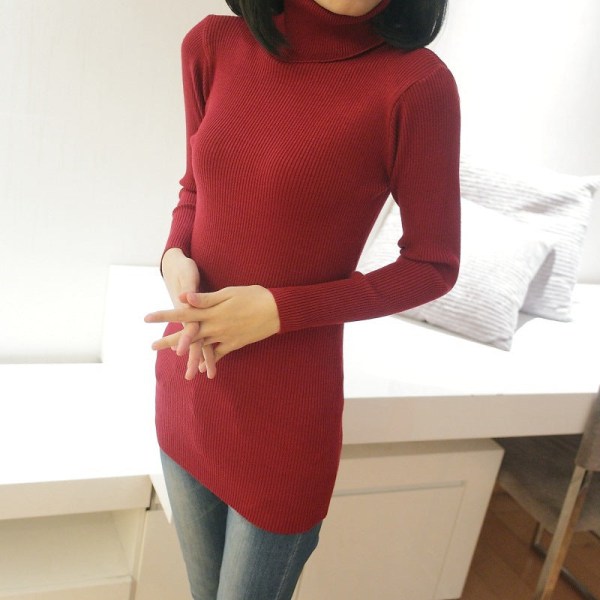Kvinnor stickat höst vinter tröja koreansk stil hög krage medellånga smal bas Wine Red L
