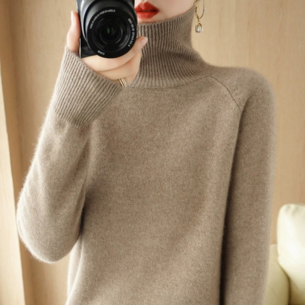 Damestrikk Høst Vinter Genser Koreansk Stil Tykket Turtleneck Raglan Bunnskjorte Løs Camel M