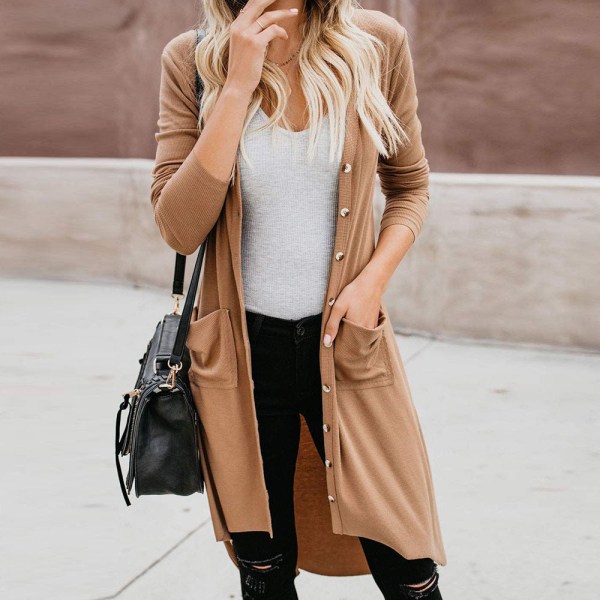 Damstickad Höst Vintertröja Enkelknäppt Cardigan Långärmad Knäppjacka Light gray L