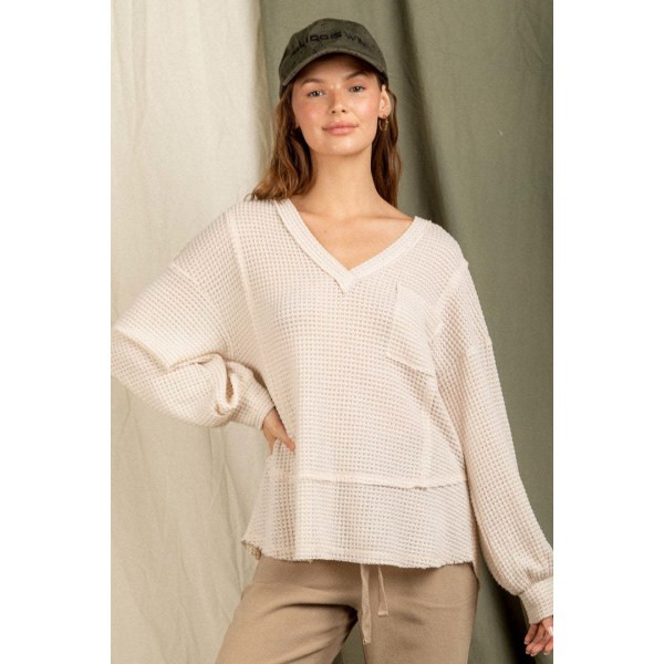 Kvinder strik efterår vinter sweater top v-hals langærmet vaffel strikket bundskjorte Beige XL