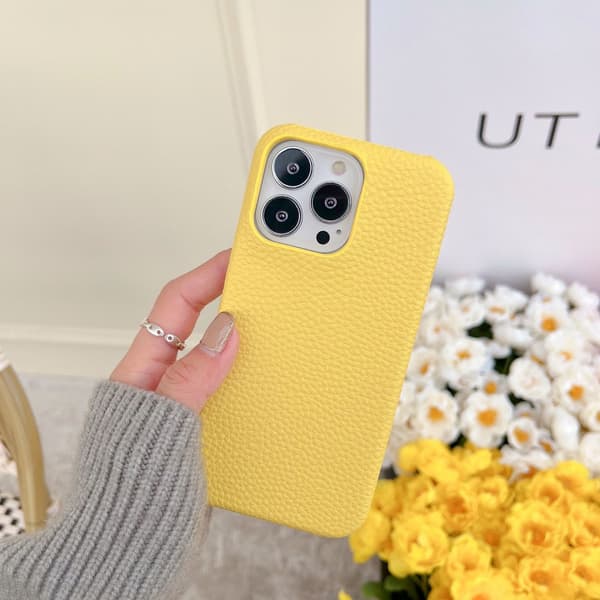 Fodral för iPhone16pro gul litchi-textur läderkänsla