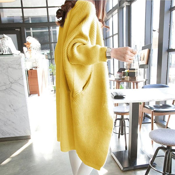 Kvinner Strikket Høst Vinter Genser Mid-Length Cardigan Løs Batwing Sleeve Coat Yellow 78*116*62cm