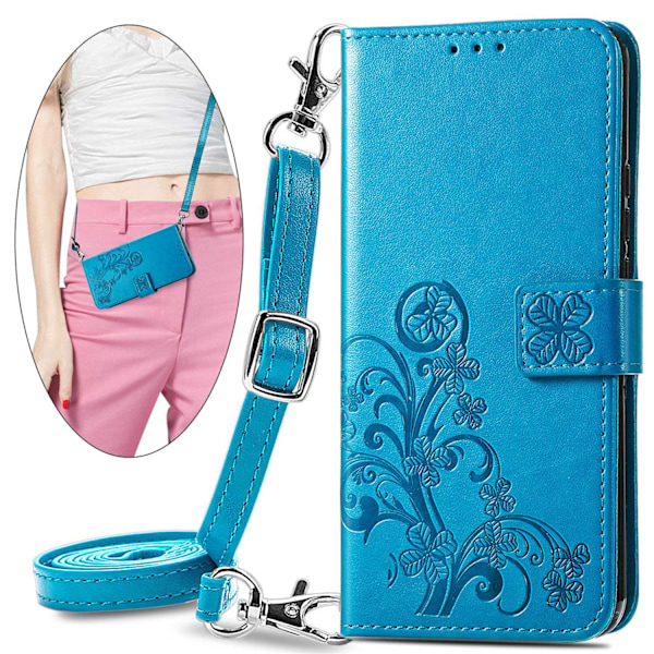 Fodral för iPhone 14plusblå präglat läder fyrklöver dragkedja crossbody midja långt snöre
