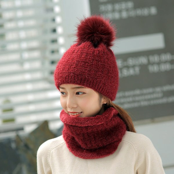 Lämmin talvi neulottu pipo Hatut Paksutettu Söpö Pallo Villa Cap Naisten Korean Tyyli Muoti Unisex Wine Red Hat only [fleece-lined style] M