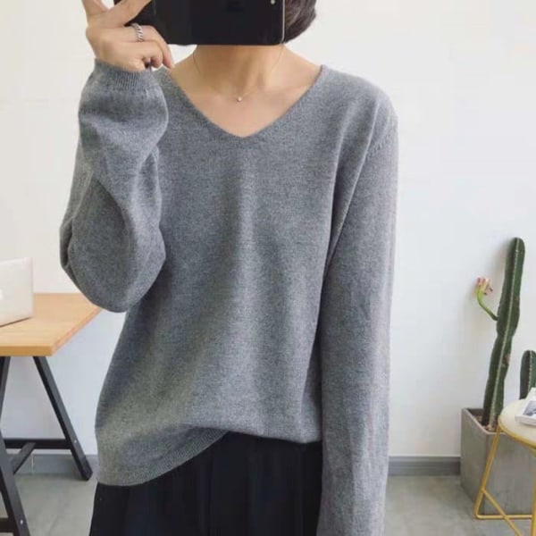 Kvinder Strik Efterår Vinter Sweater V-hals Sweater Student Løs Langærmet Pullover Top Gray M