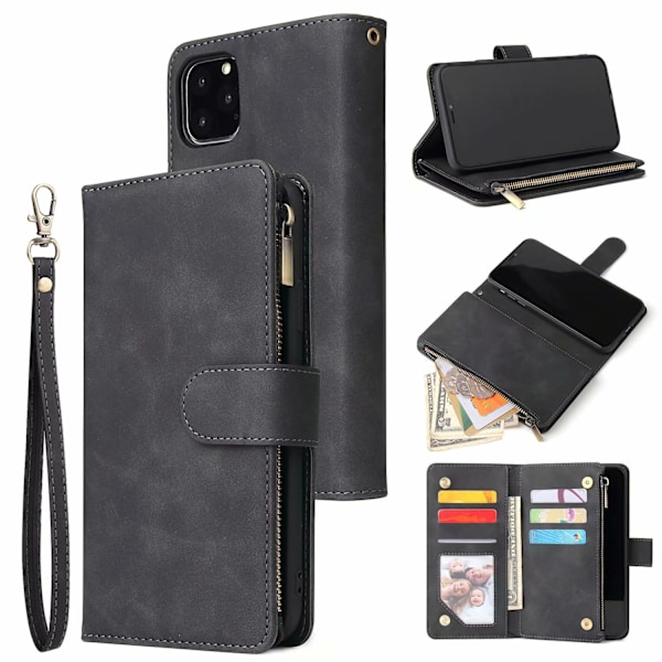 Etui til iPhone 13PRO MAX sort læder med hudfornemmelse, multi carat lynlåstaske, beskyttende pung stil