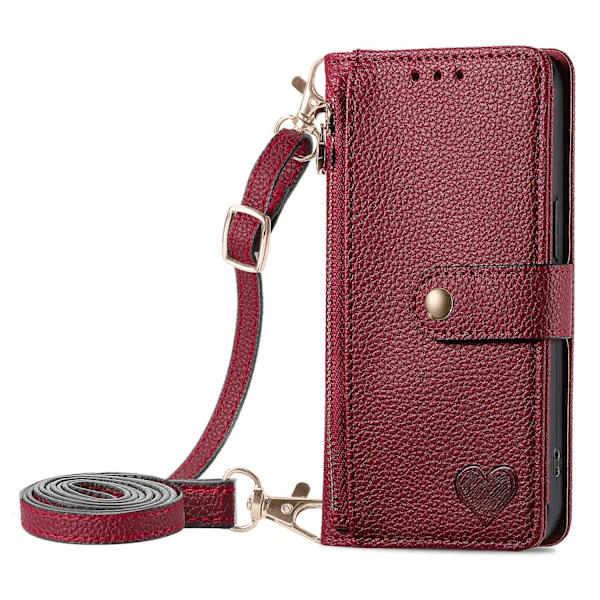 Fodral för iPhone 14 Pro Max vinröd [lång crossbody-rem] source love läder PU litchi mönster a