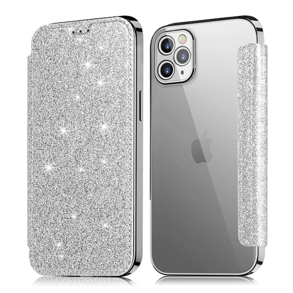 Kotelo iPhone 13 6.1 hopeanvärinen, sähköpinnoitettu glitter-nahka, läpinäkyvä korttipaikka, iskunkestävä