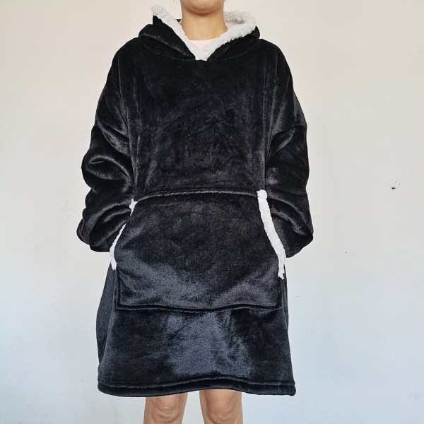 Flanell semsket TV-teppe med lomme løs genser Lazy Blanket Hettegenserteppe Black 80*113cm