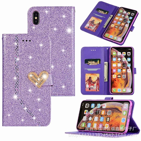 Kotelo iPhone 13:lle, violetti rakkaussydän, glitteri, timantti, korttipaikka, lompakko, nahka