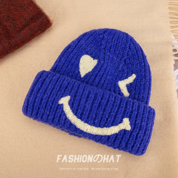 Varm vinterstickad mössmössa Broderade Smiley Cap Par Pullover Unisex Klein blue M