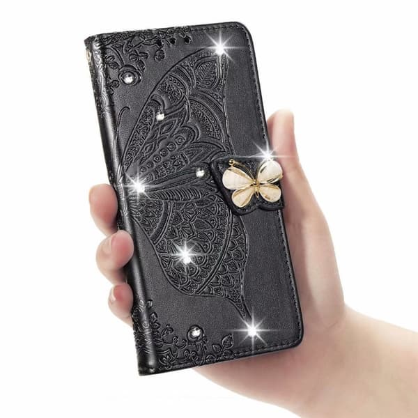 Etui til iPhone 16 Plus sort boret 3D blomst sommerfugl læder diamant præget disk