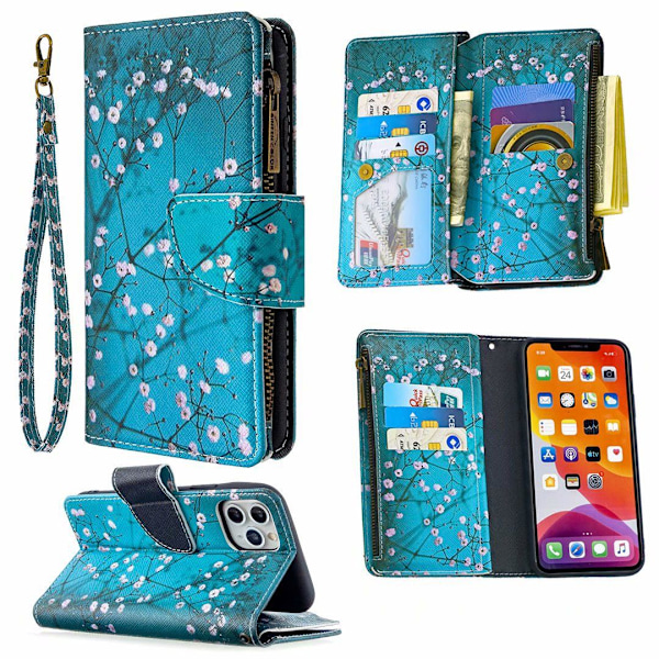 Etui til iPhone 13 Pro blommeblomst malet lynlåspung multifunktionel pung læder kortslot
