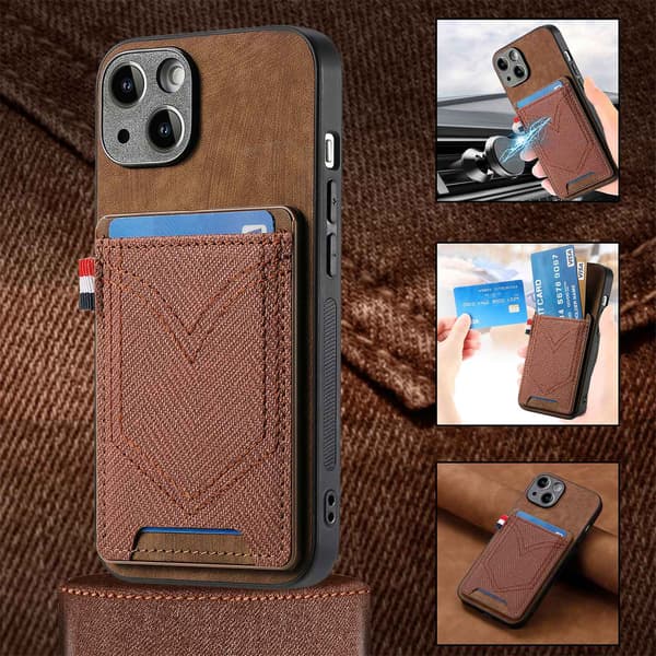 Fodral för iPhone 14 Pro brunt läder korthållare denimtexturplats