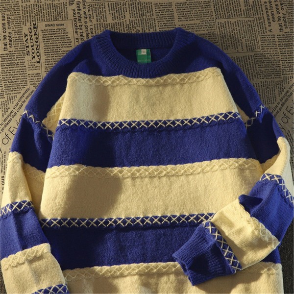 Kvinner Strikket Høst Vinter Genser Vintage Stripe Pullover Topp Løs og lat stil Blue