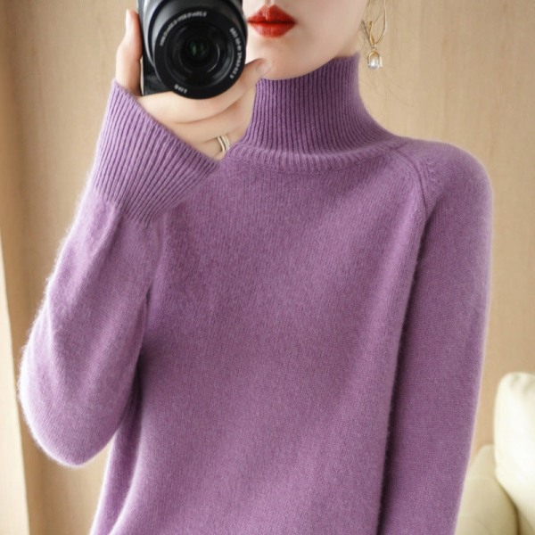Kvinder strik efterår vinter sweater koreansk stil fortykket rullekrave Raglan bundskjorte løs Deep Purple M