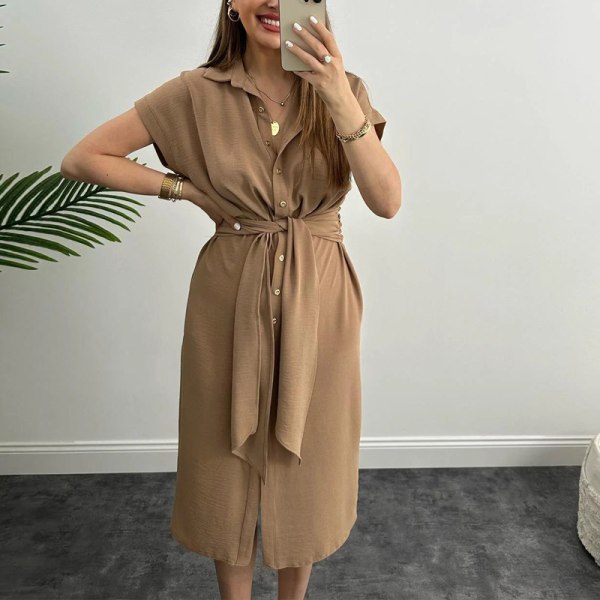 Klänning Midjetight slimmad snörning Elegant skjortklänning för kvinnor Brown XL