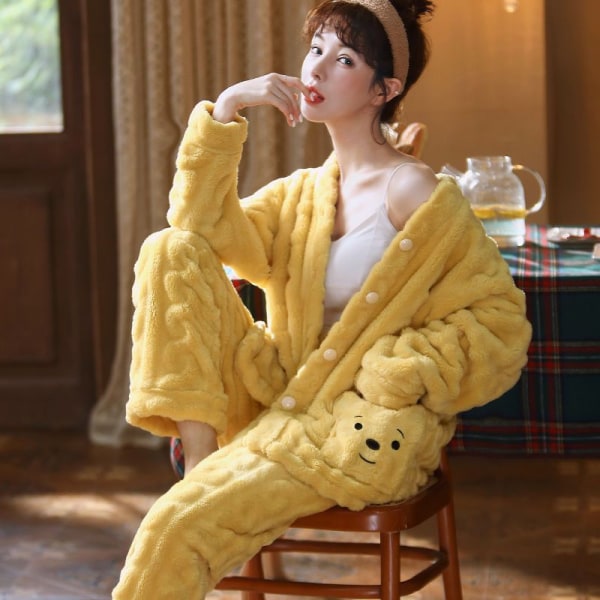 Flanell koreansk version af pyjamas kvindelig vinter tyk koralfløjl studerende søde bære hjemmetøj varmt jakkesæt yellow XL(120 kg -135 kg)