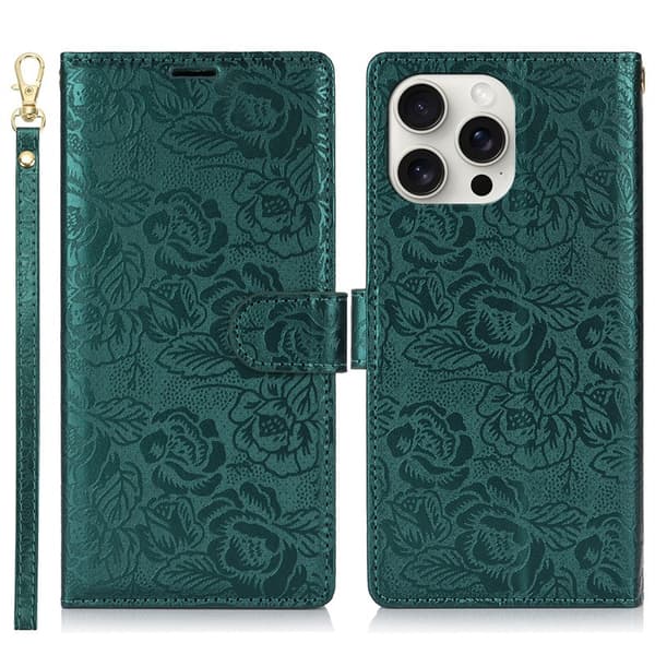Etui til iPhone16Plus Grønt Præget Kamelia Læder Etui Præget Retro Blomster Snor Koreansk