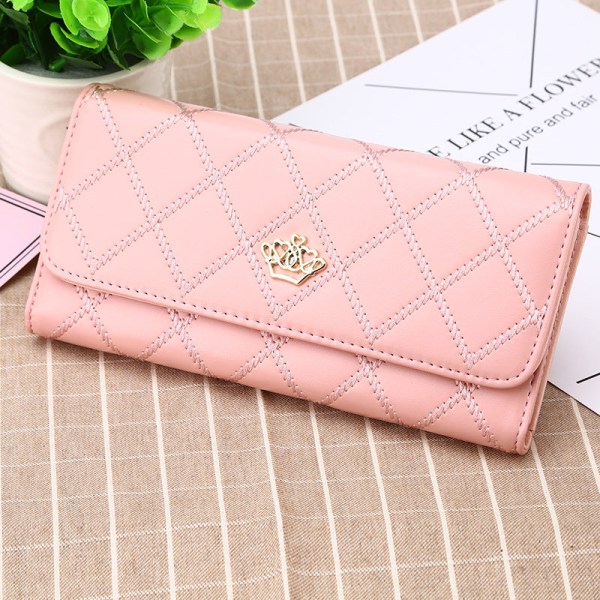 Kvinne lommebok myntpung jenter i koreansk stil 3-foldet PU-skinn mote clutch glidelås krone Pink