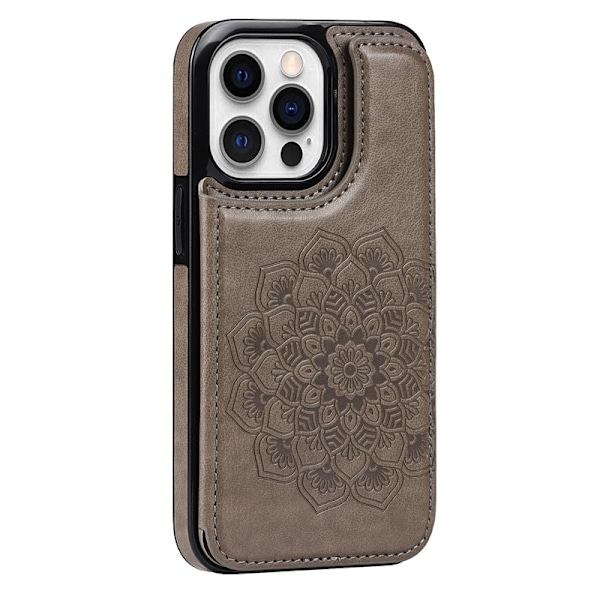 Fodral för iPhone 14 grå dubbelspänne präglat mandala läder dubbelt fäste korthållare
