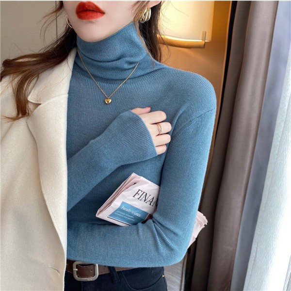 Strikkevarer for kvinner Høst Vinter Genser Ull Pile Krage Inner Wear Turtleneck Tynn Slim Topp Fairy Blue 60*74*58cm