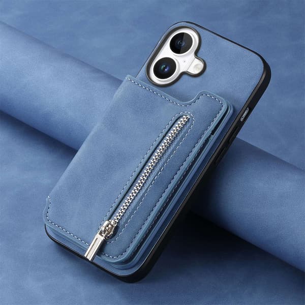 Etui til iPhone 15 Plus blått magnetisk 2 i 1 avtakbart multi-kort oppbevaringsstativ anti-fall