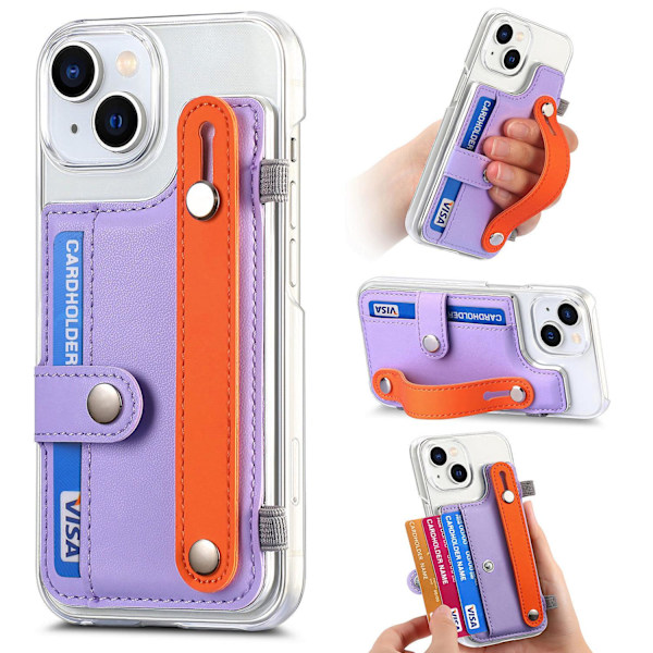 Skal för iPhone 15 Plus lila transparent korthållare Macron handledsstöd